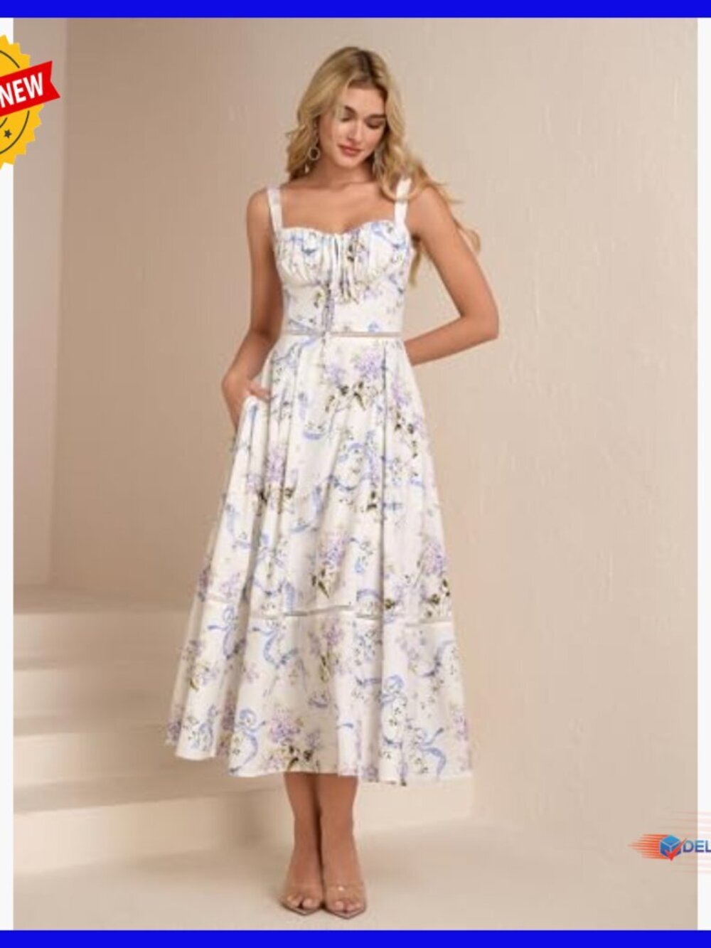 Floral Corset Midi Dress with Pockets Lace Up Back Cutout Summer Wedding Guest - Picture 5 of 6